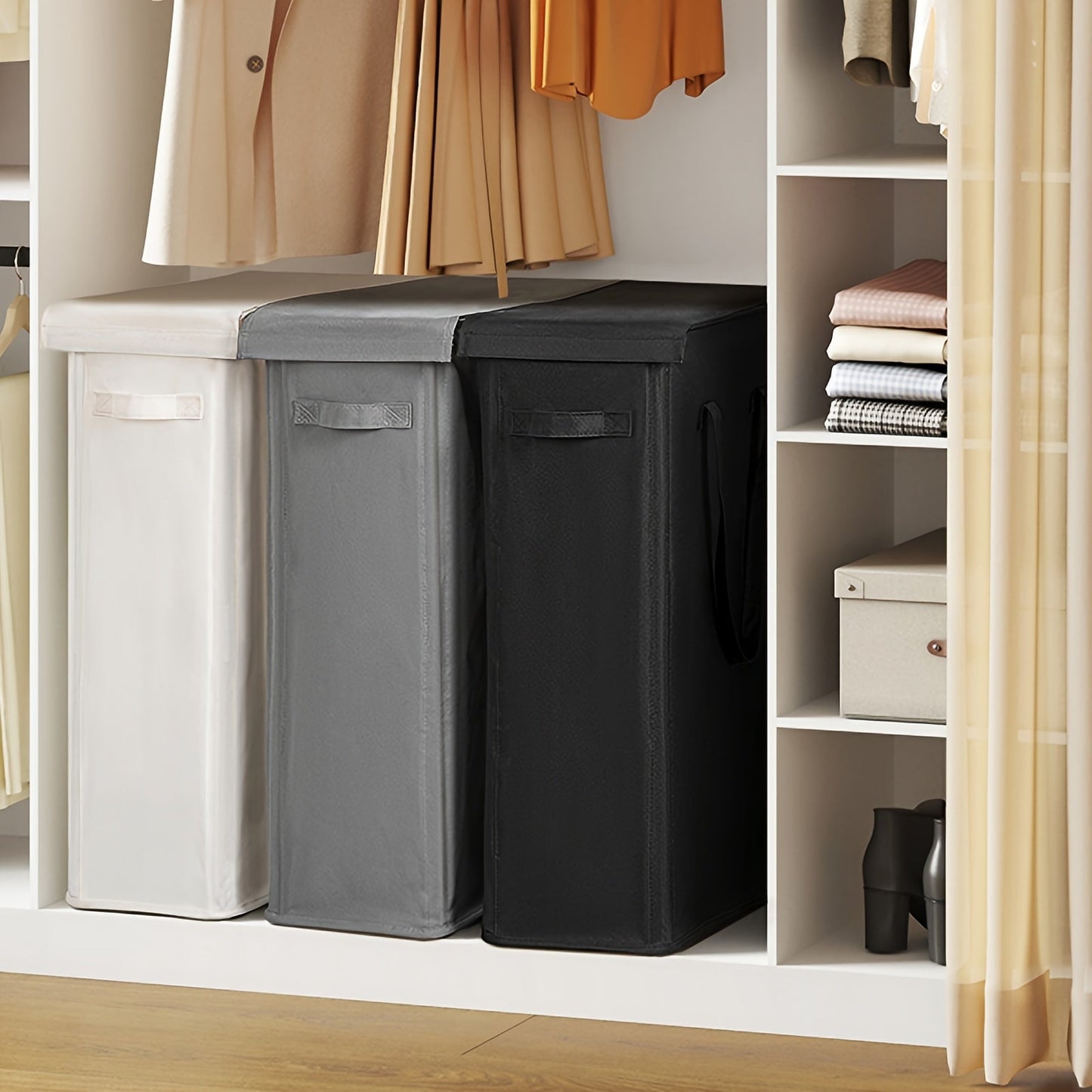 The ultra-slim 60L laundry hamper with a lid is conveniently foldable and portable, making it an ideal storage solution for dirty clothes. This basket includes handles for easy transportation and is perfect for use in the bedroom, bathroom, dorm, or