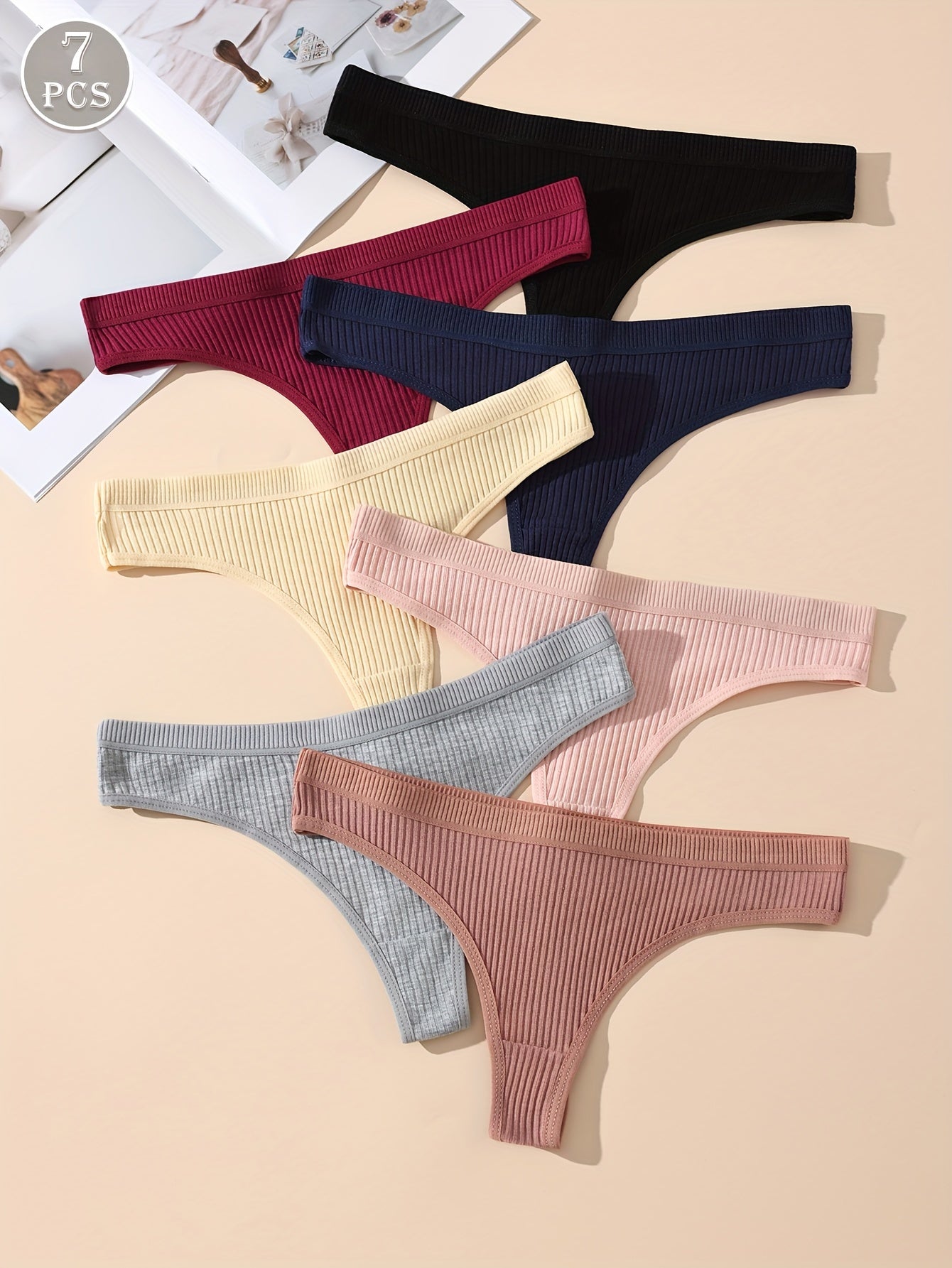 7-Pack of Sexy Low-Rise Thong Underwear in Solid Colors for Women