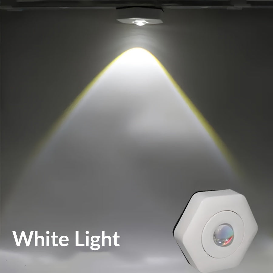 Creative white hexagonal cat eye sunset red projection sunset lamp with touch dimmable LED technology, battery powered for cabinet and wall lighting.