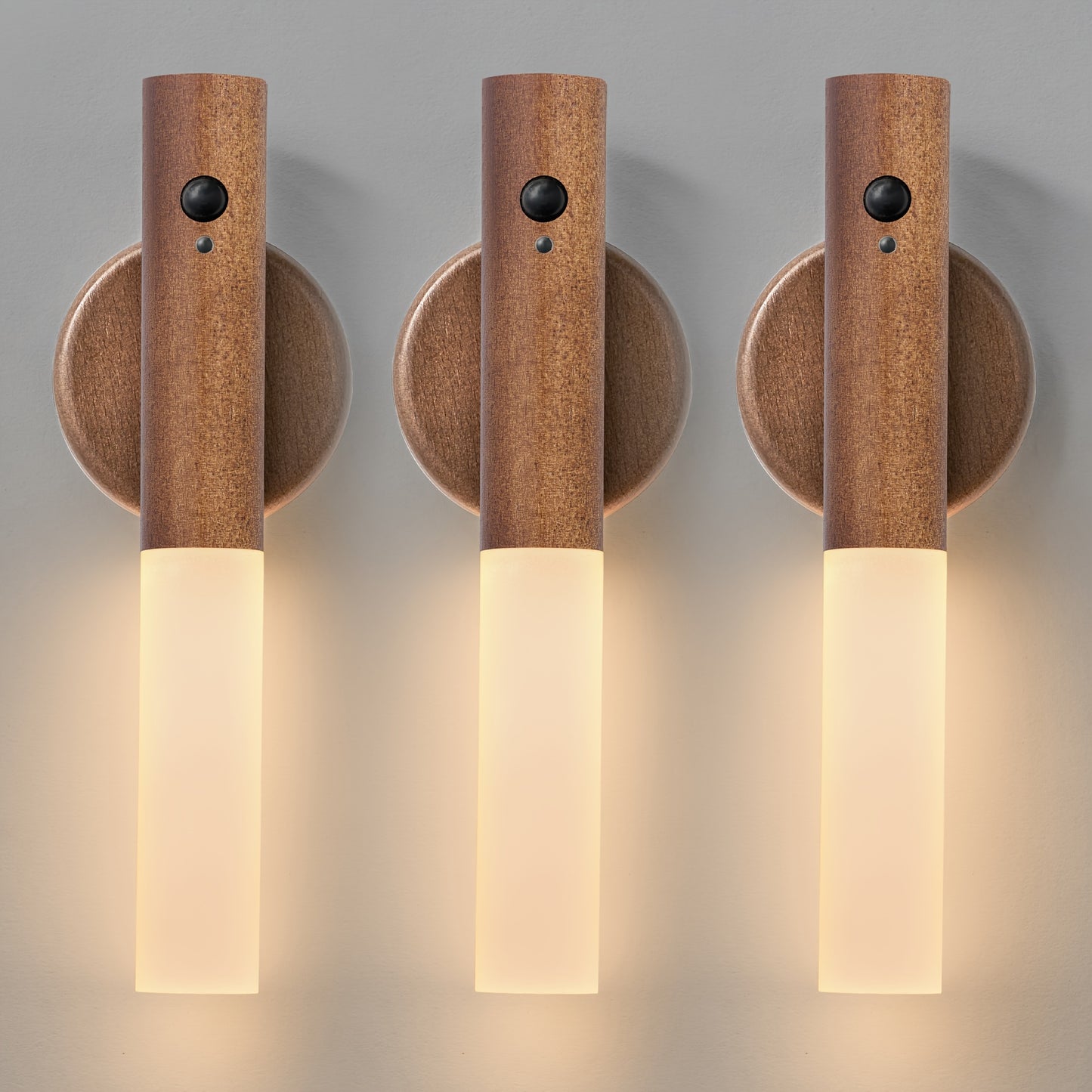 2 modern beech wood LED wall sconces with motion sensor - rechargeable, magnetic night lights for bedroom and hallway decor