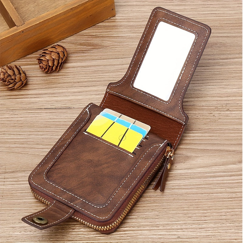 Men's small PU zipper bag with button decoration, credit card holder, and bifold design.