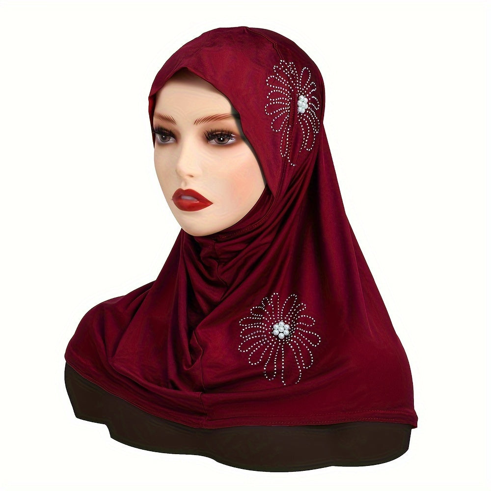 Women's Solid Color Elastic Polyester Hijab with Rhinestone and Pearl accents, full coverage chin cap, easy wear instant scarf for casual use, 100% polyester woven fabric with decorative