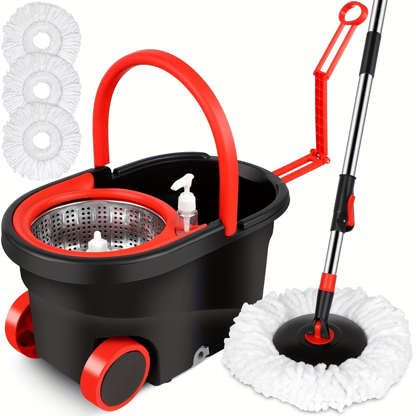 Multipurpose Floor Cleaning System - Stainless Steel Adjustable Handle 360° Spin Mop and Bucket Set with 2 Microfiber Heads, Ideal for Living Room, Bedroom, Bathroom, Kitchen - Durable Metal Material