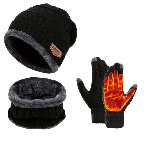 3-piece Winter Warmth Accessory Set, Includes Knit Polyester Beanie, Scarf, and Gloves in Sports Style, Made of 100% Polyester with Thermal Insulation for Cold Weather