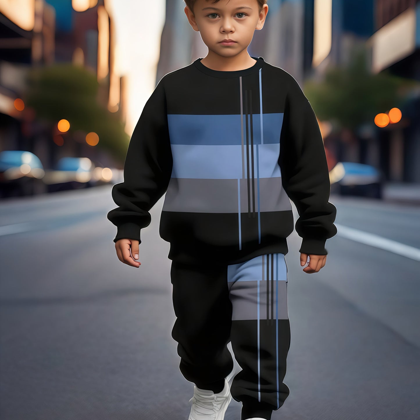 Boys' 2-piece sports suit with striped sweatshirt and joggers. Comfortable fabric, ribbed hem, perfect for outdoor activities in spring and autumn.