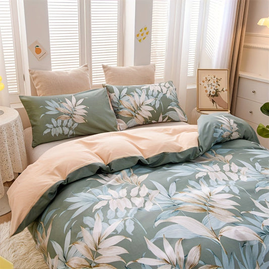 Fashionable Duvet Cover Set with Green Leaf Print - Includes 3 Pieces: 1 Duvet Cover and 2 Pillowcases. Made from Soft, Skin-Friendly 100% Polyester Material, Perfect for All Seasons. Suitable for Bedroom or Guest Room Use. Duvet Cover Core not Included.