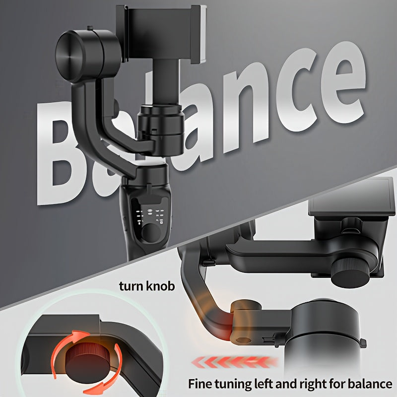 QAML 3-Axis Smartphone Gimbal Stabilizer with USB charging, wireless capabilities, and tripod. Ideal for vlogging, sports, and travel. Compatible with iPhone and Android devices.