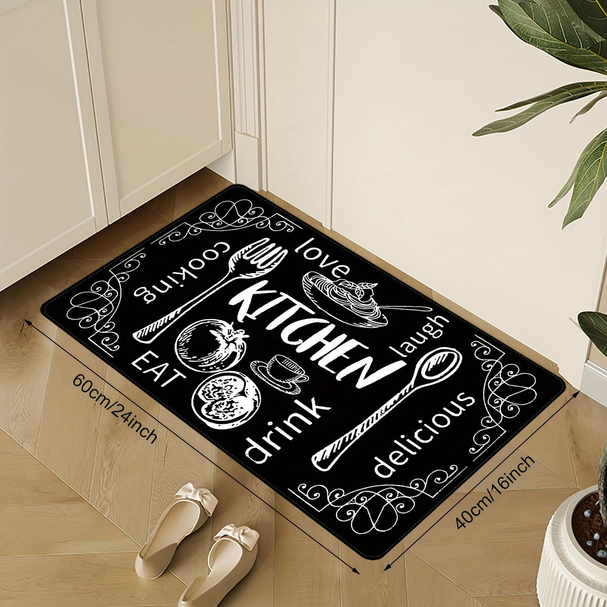 1pc Chic Black Kitchen Floor Mat featuring Cooking & Dining Themes, Non-Slip, Washable Polyester with Utensil Illustrations. Great for Doorways, Laundry Rooms, Bathrooms, and adds a Personal Touch to Home Decor.