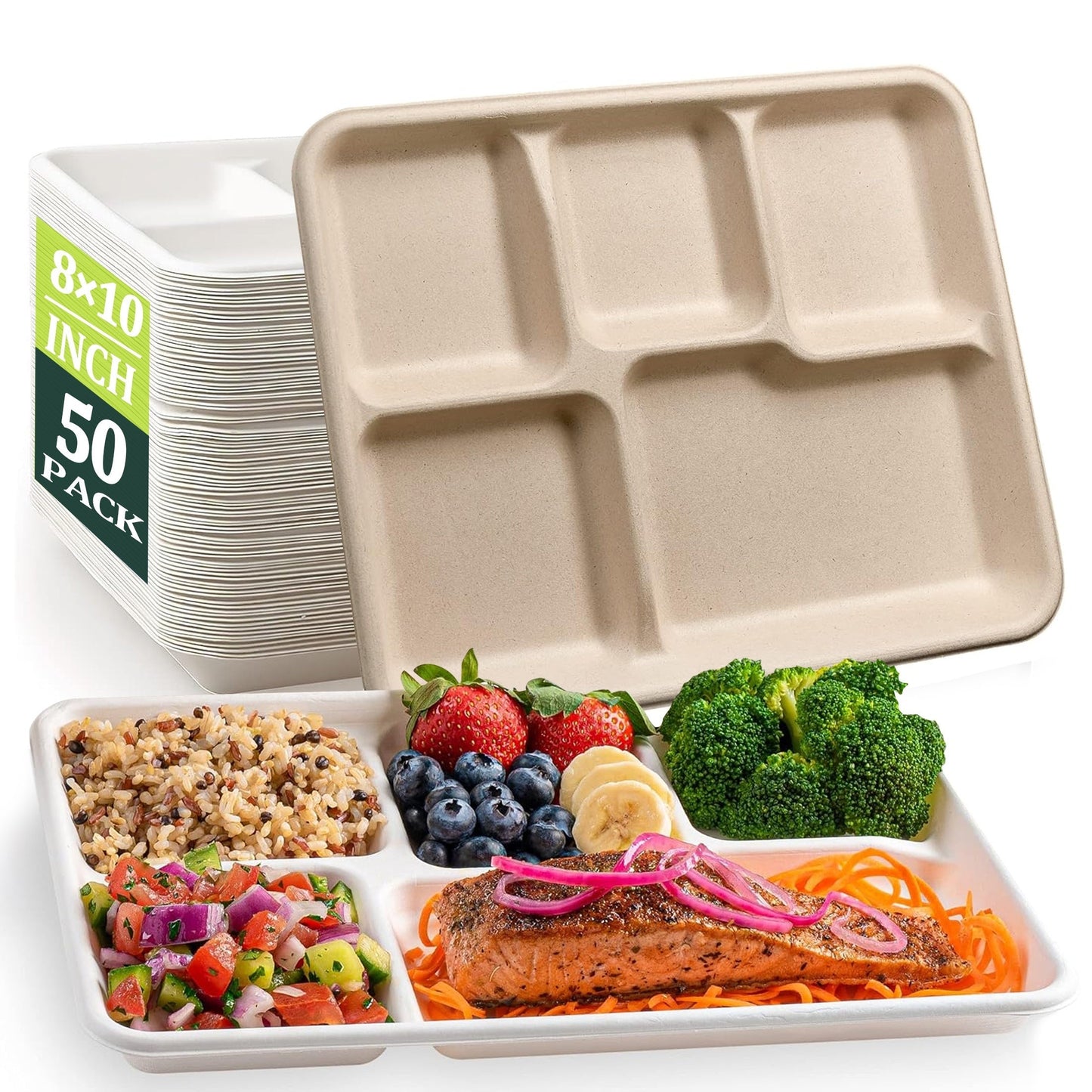 EcoChoice offers a 50-Pack of Compostable Dinner Plates with 5 Compartments, made from Biodegradable Sugarcane Fiber. These Rectangular Trays are perfect for Parties, Picnics, BBQs, and Kitchen Supplies.