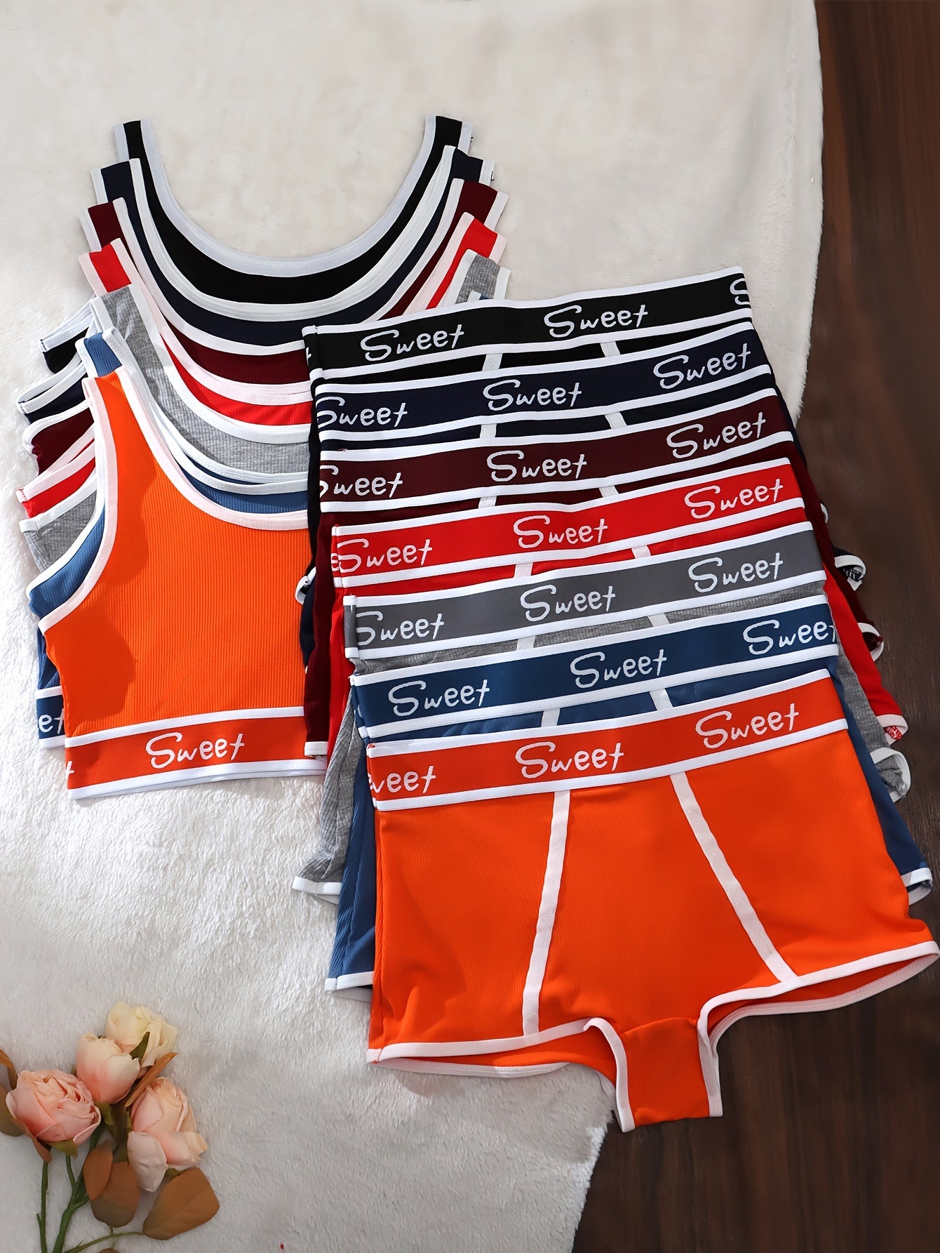 7-piece color block letter print tank bra and panties lingerie set for women.