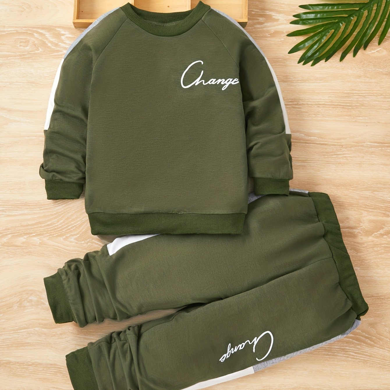 2-piece casual outfit for toddler boys with sweatshirt and sweatpants featuring CHANGE print for spring and fall daily wear.