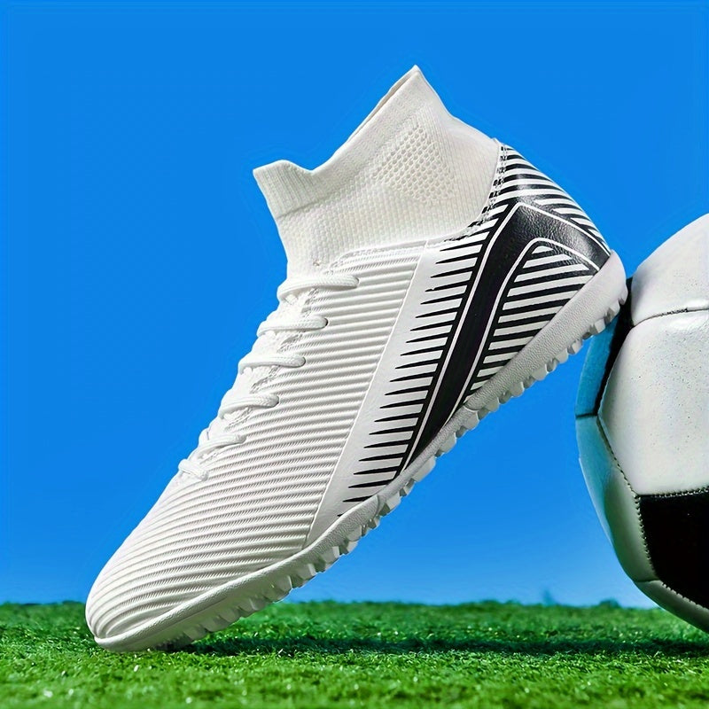 Men's soccer shoes with stripe pattern, lace-up cleats, non-slip rubber sole, durable PU upper, and TF studs for indoor and outdoor use, suitable for both youth and adults.