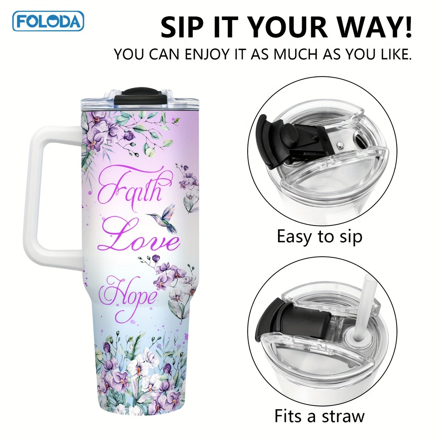 Foloda 1pc Hummingbird Large Capacity Tumbler: Vacuum-insulated travel coffee mug with handle and lid, ideal for holidays and special occasions - made of stainless steel, hand wash only.