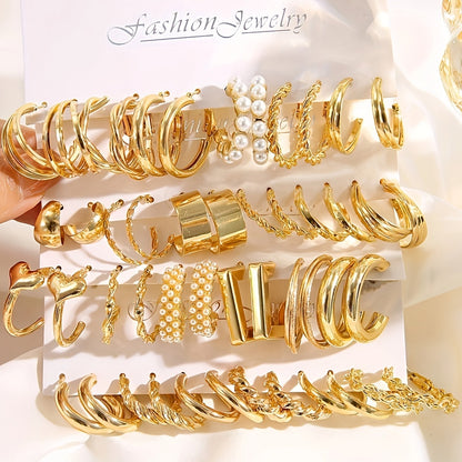 48pcs Golden-Tone Hoop Earrings Set - Zinc Alloy with Stainless Steel Posts, Ideal for Casual Wear & Gifting, Novelty Design