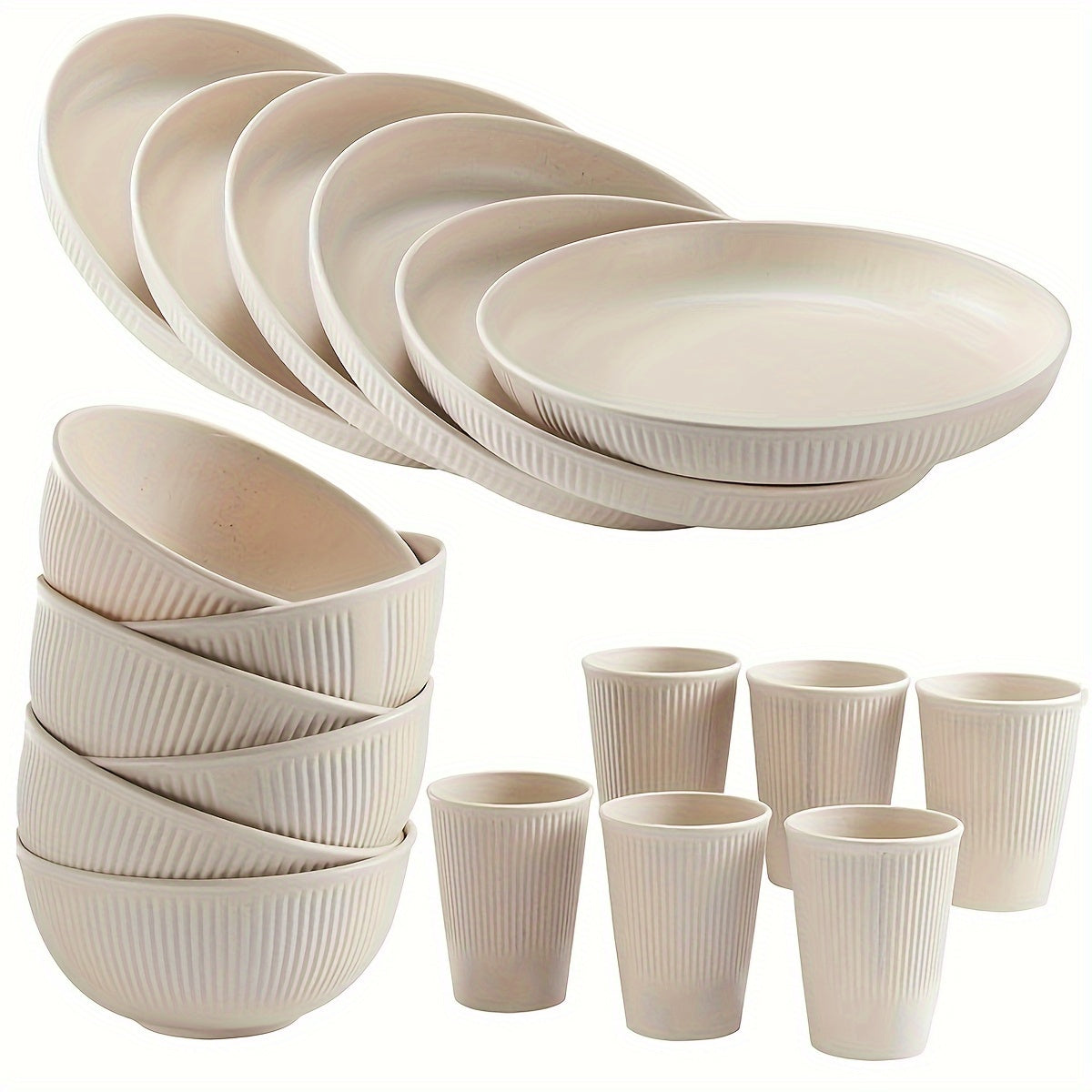 Durable 18-piece plastic dinnerware set with striped design. Dishwasher and microwave safe for kitchen, dorm, camping, RV, and picnic use.