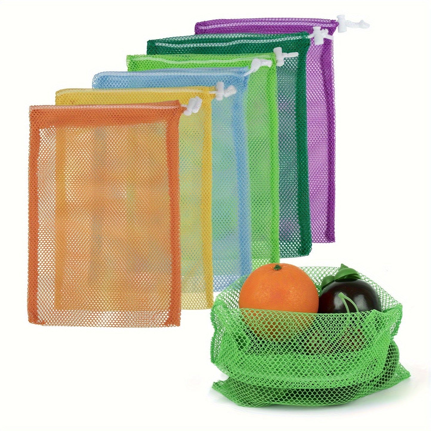 Mesh produce bags that are reusable and ideal for keeping fruits and vegetables organized.