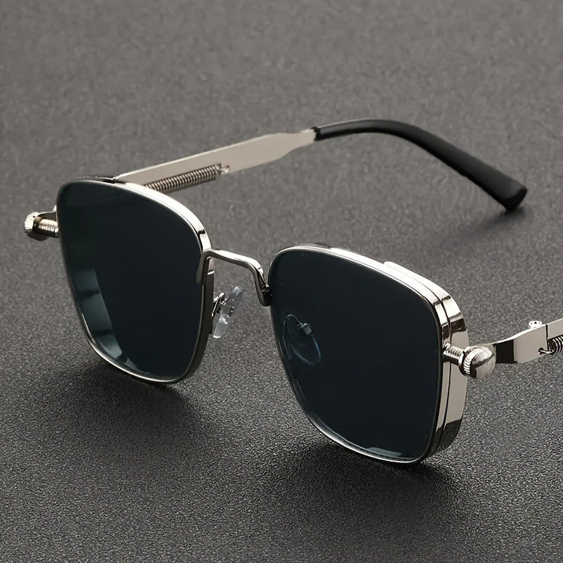 Retro square metal frame glasses with clear, durable lenses for adventurous activities and driving, also suitable for parties. Mechanical and fisherman eyewear.