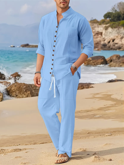 Men's Cotton Cuban Style Casual Suit for Spring and Autumn, Fashionable Two-Piece Set for the Beach.