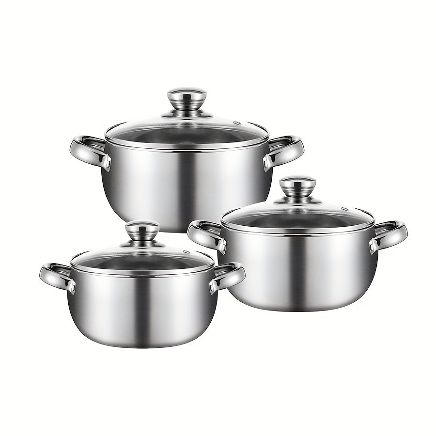 This stainless steel round pot set includes 3 pots and 3 lids, featuring a double handle design. They are dishwasher safe and compatible with various stoves, making them ideal for both home and restaurant cooking. The pots are perfect for preparing