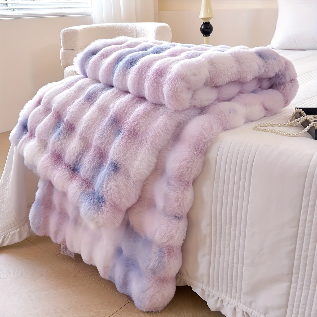 One piece of tie-dye faux rabbit fur blanket with shaggy short plush material for a soft, fluffy bed or sofa blanket, perfect for cozy naps and throws.