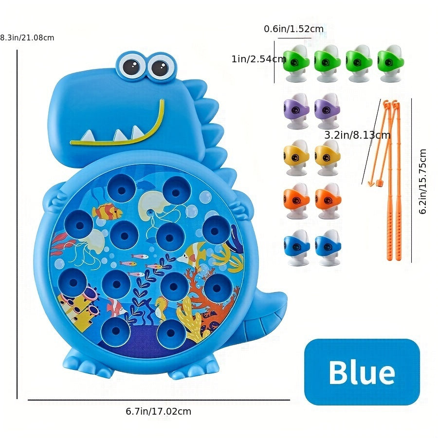 Dinosaur fishing plate toy with weak magnetic rod, suction hook, small fish, plastic material, in green/blue color.