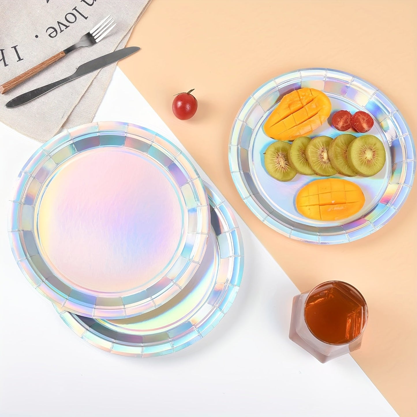 Set of 10/30 Rainbow Holographic Disposable Plates - 17.78cm Round Paper Plates for Desserts & Parties - Ideal for Birthdays, Weddings, and Themed Events - Water and Oil Proof