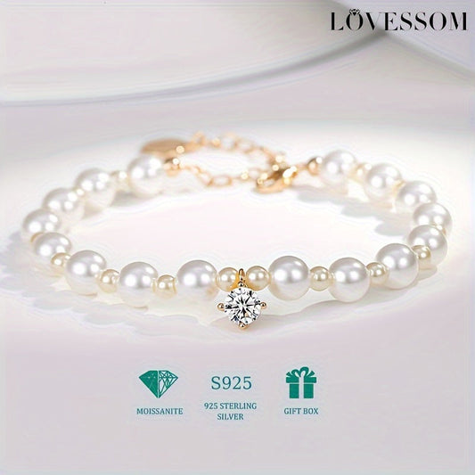 Elegant Hand Bracelet Jewelry With Gift Box featuring a 0.5 Carat Moissanite Pendant, Shell Pearls Beads, and 925 Sterling Silver