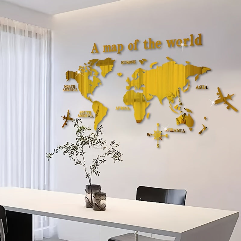 Bohemian style acrylic wall decor featuring "A Map of the World" with airplane and compass rose design. 1mm thick with adhesive backing. Ideal for classrooms, offices, bedrooms, and living