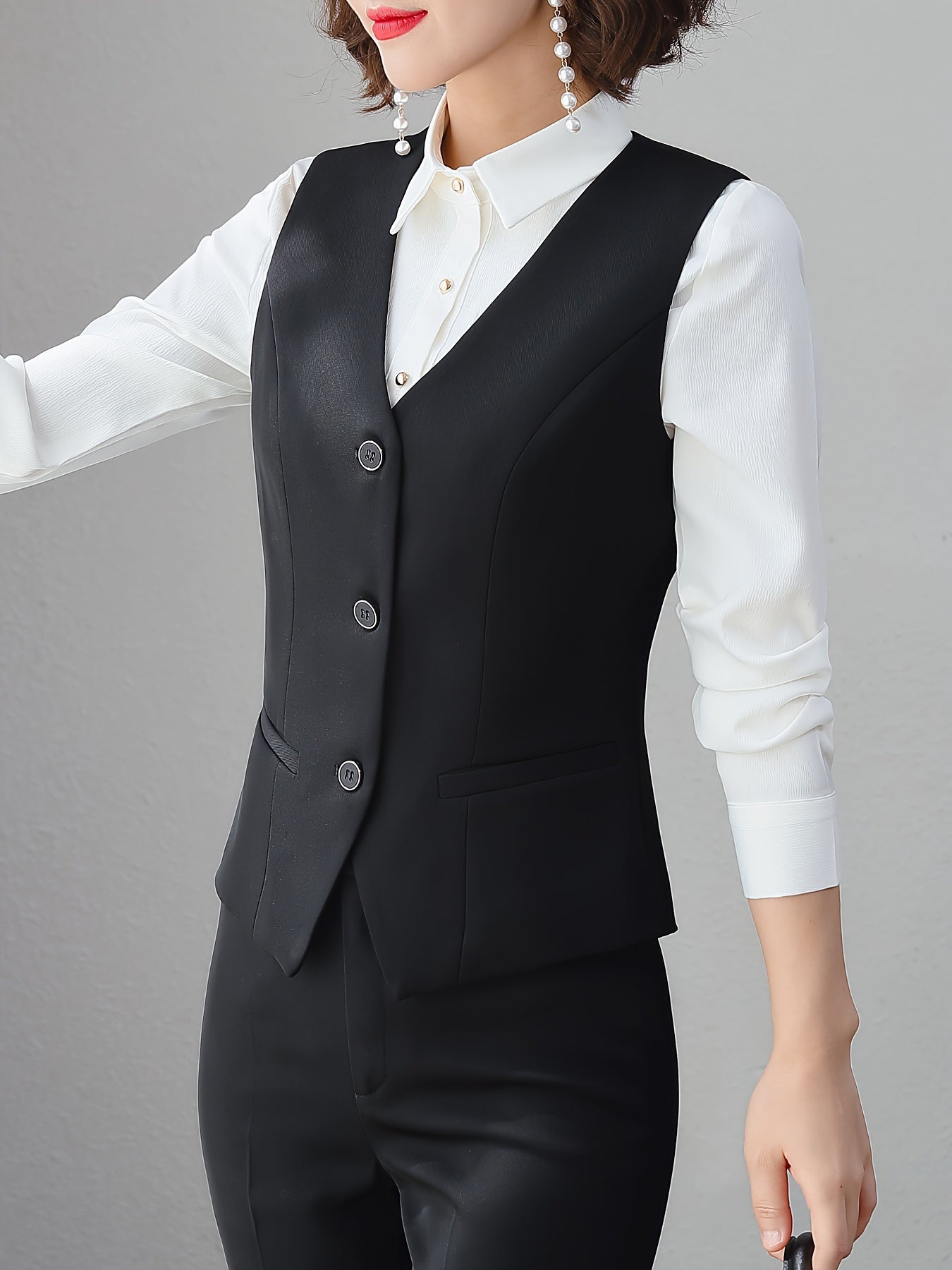 Black V-Neck Sleeveless Blazer with Tie Back, Polyester & Elastane, Ideal for Office - Dark Blue