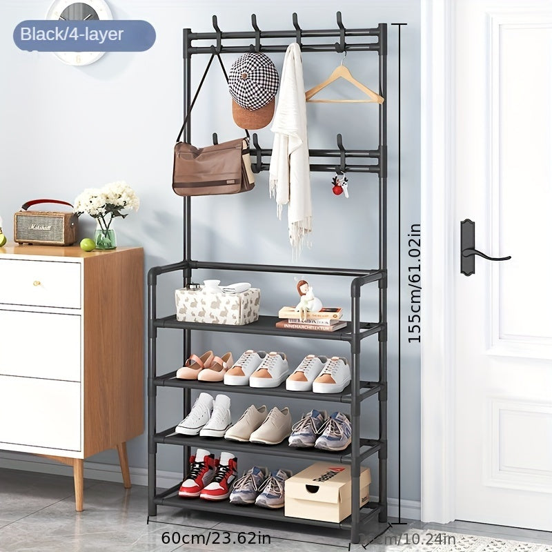 Entryway hall tree with coat rack and shoe rack, featuring hooks for bedroom organization. This versatile piece also includes a shelf for storage of shoes, clothes, hats, bags, umbrellas, and other home accessories.