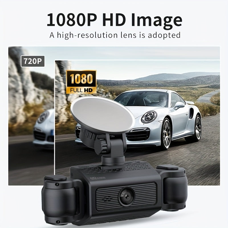 VAVUPO 4-Channel HD 1080P Dash Cam Kit with Wide-Angle Lens, Audio, Loop Recording, G-Sensor, Night Vision, Motion Detection, and 32GB SD Card Support in Black.