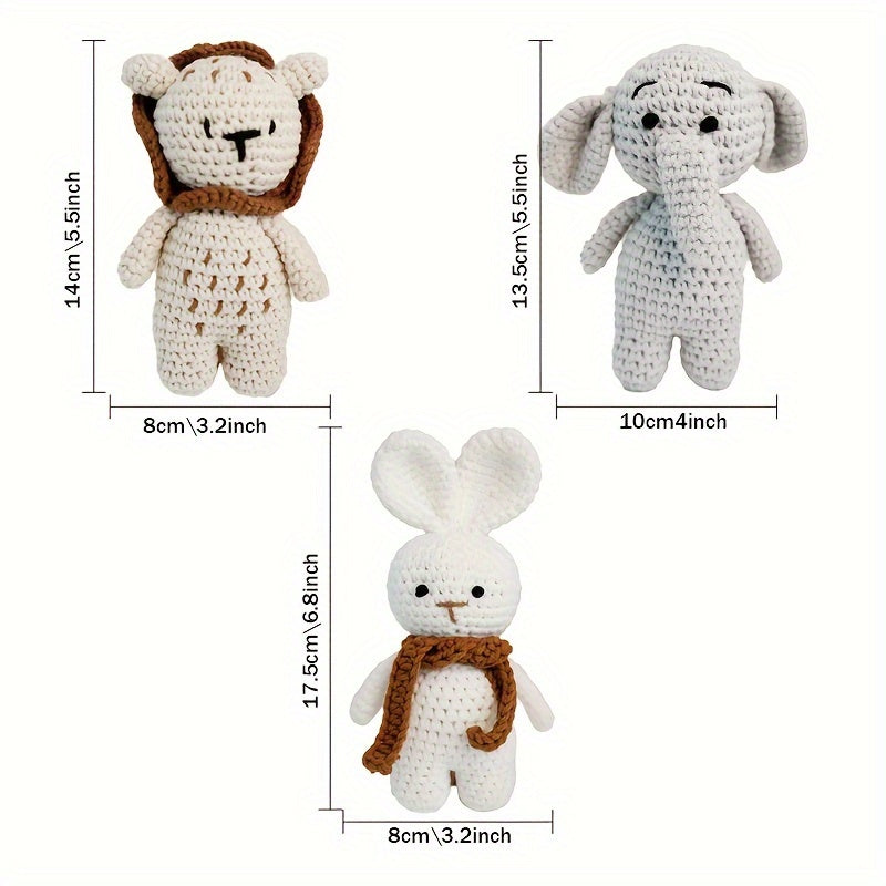 Unique Crocheted Animal Plush Toys - Elephant, Lion, and Bunny - Adorable Cotton Play Dolls in Khaki, Grey, and White - Ideal Keepsake Present