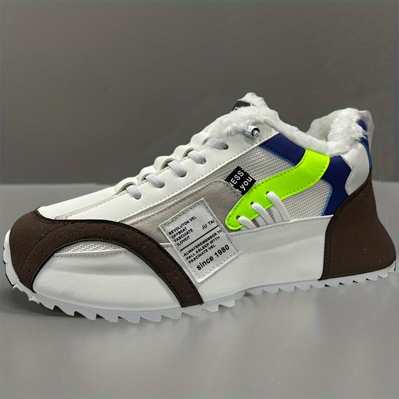 Vintage style men's dad sneakers with thick sole, lace-up closure, mesh upper, fabric lining, PVC sole, and round toe for all seasons.