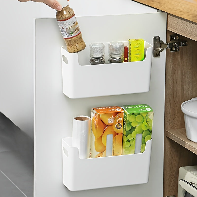 Space-saving white PP wall-mounted kitchen cabinet door organizer with hooks for cling film and preservation bags, made of durable PP material.