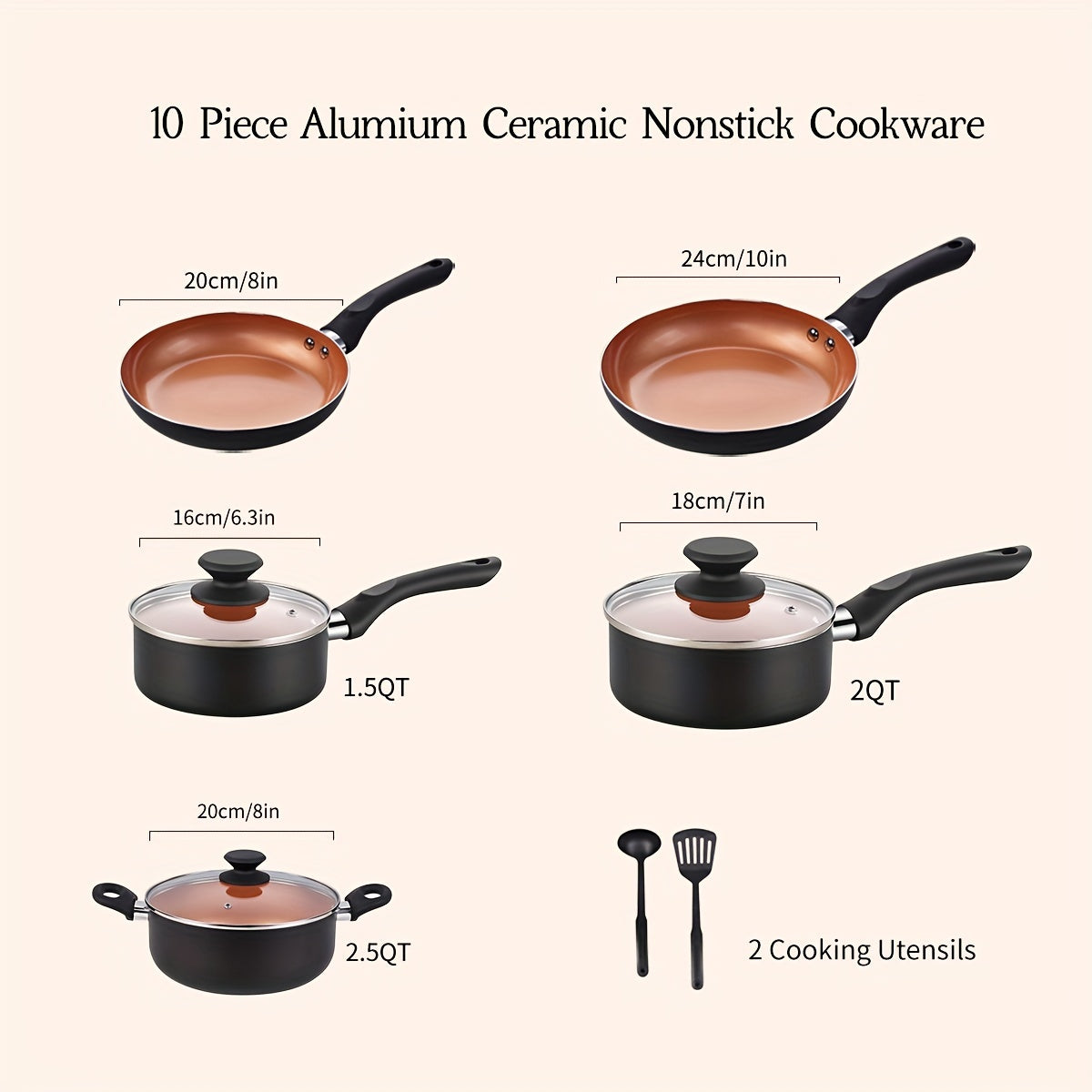 Nonstick Cookware Set of 10 or 15 Pieces, Made of Aluminum, Includes Kitchen Cooking Pots And Pans with Utensils, Features Durable Nonstick Coating, Free of PFOA & Cadmium