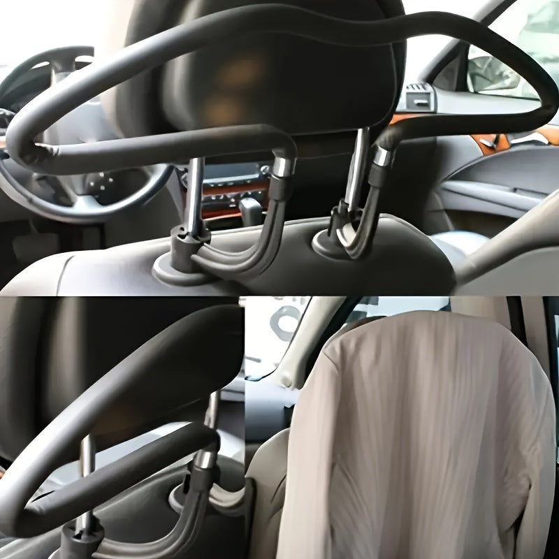 Adjustable stainless steel car seat headrest hanger for vehicle interior, with suction cup hooks.