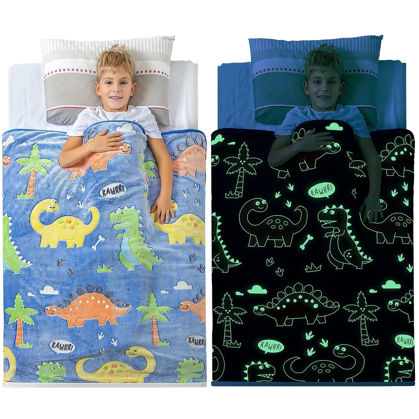 Soft Glow-in-the-Dark Dinosaur Blanket for Kids - Features Cute Cartoon Dinos and Palm Trees - Cozy, Lightweight, and Hypoallergenic - Perfect Gift for All Ages - Available in 3 Sizes