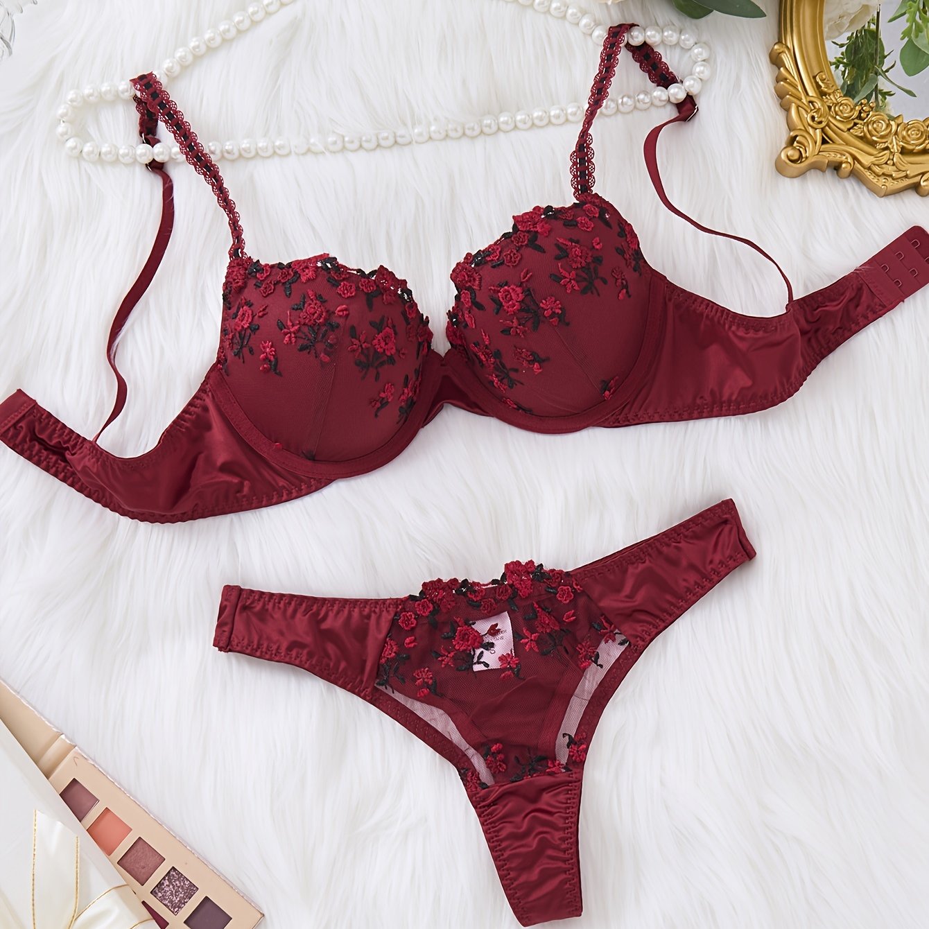 Valentine's Day lingerie set with floral embroidery, push-up bra and triangle panties.