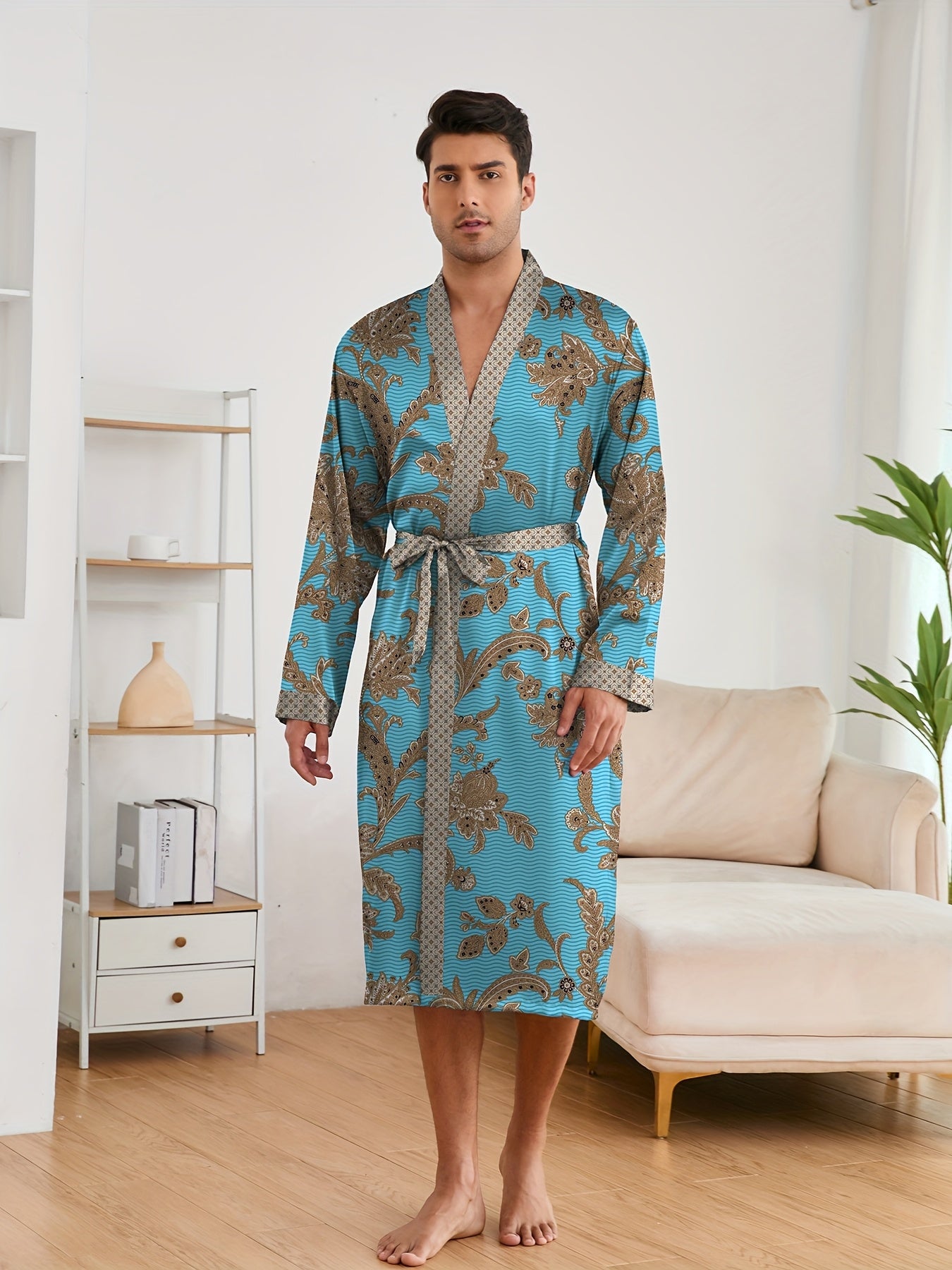 Men's elegant and light luxury pajama set with stylish floral print, featuring a V-neck long sleeve robe and shorts for home wear.