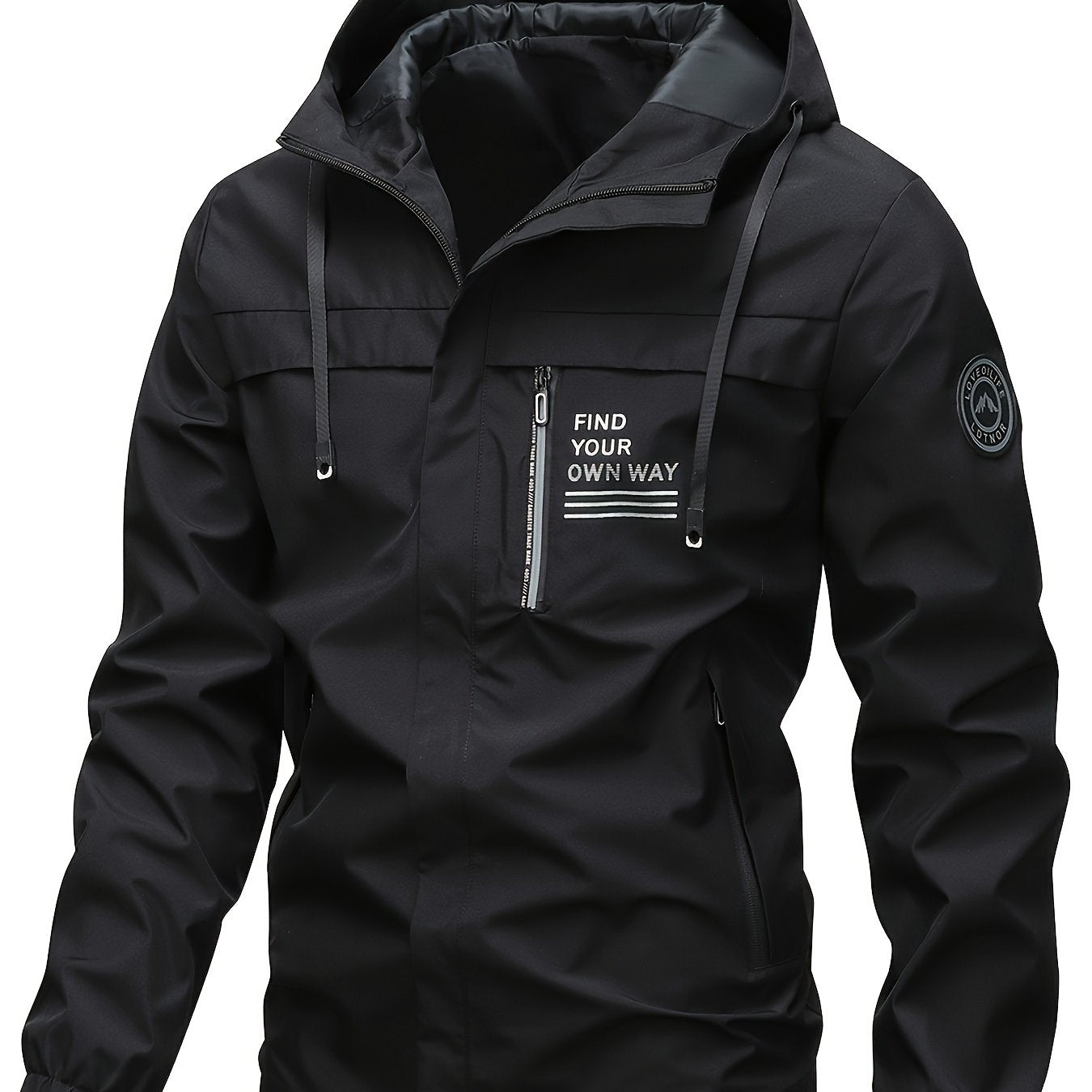 Stylish black waterproof windbreaker for men, perfect for outdoor activities in spring and fall. Features a "Find Your Way" design, loose fit, and smooth texture.