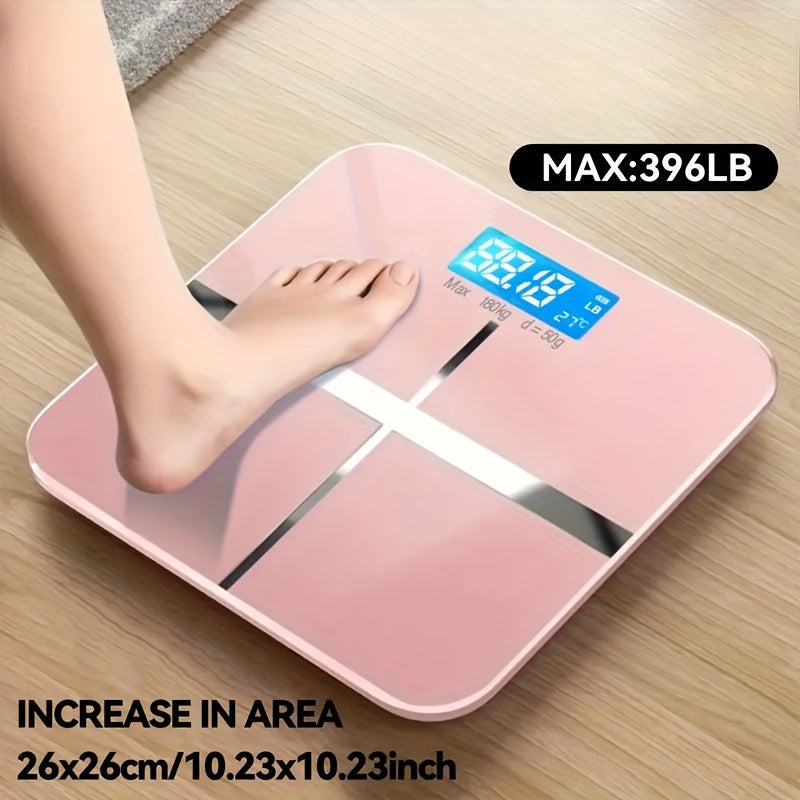 Compact household body scale with wide platform, high capacity, accuracy, safety, large easy-to-read numbers, backlit LCD display, max weight 176.9 KG.