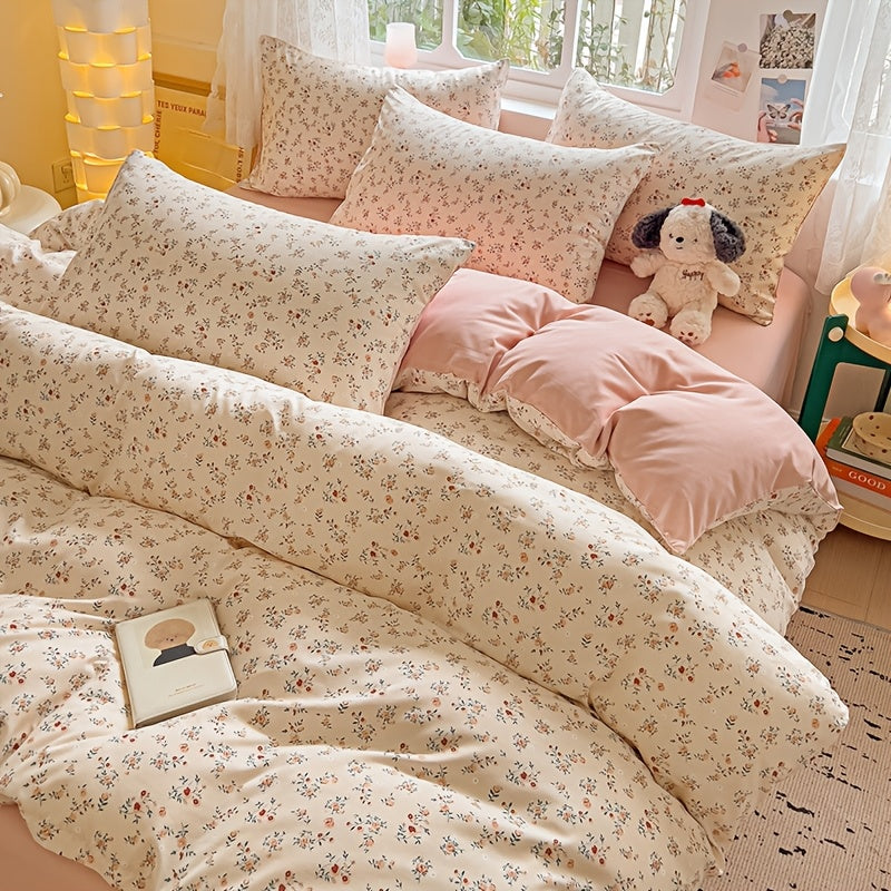 Soft floral print bedding set includes duvet cover and 2 pillowcases, made of breathable polyester with zip closure. Suitable for all seasons, perfect for bedrooms and guest rooms.