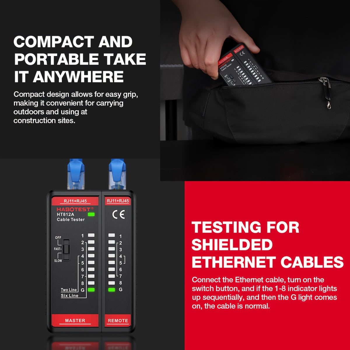 Battery powered HABOTEST Network Cable Tester for RJ45/RJ11/RJ12 CAT5/CAT5E/CAT6/CAT6A.进行连续性和布线测试。Dual-purpose for Ethernet and telephone lines, without battery.