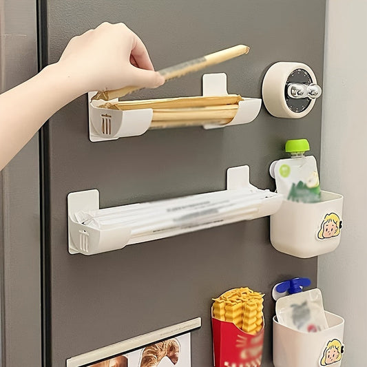 Set of four white adjustable kitchen storage racks without the need for drilling, can be used for various purposes including organizing cling film, garbage bags, and more. These plastic organizers are space-saving and can be easily mounted on the side of