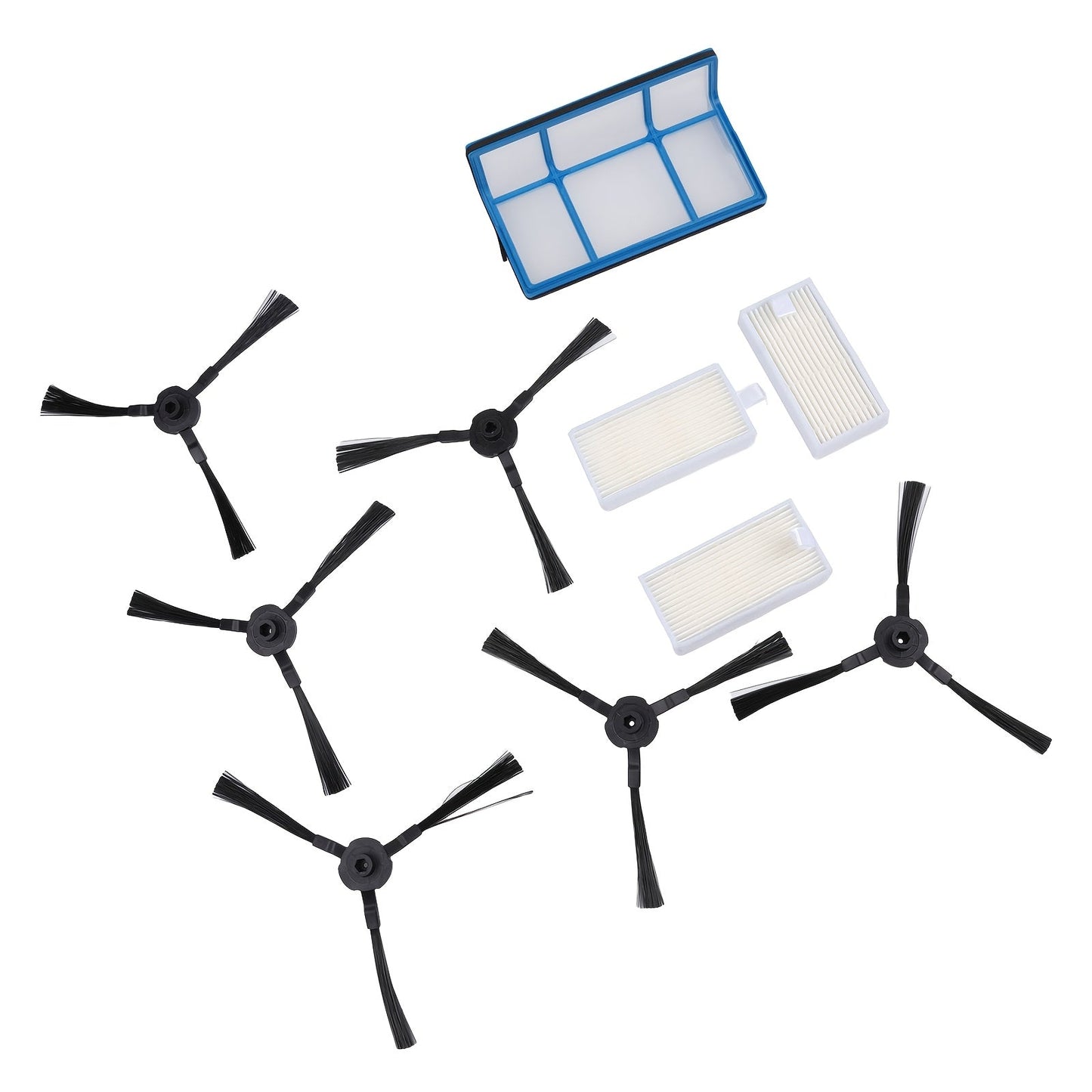 Набор аксессуаров для пылесоса, включая один основной фильтр, три фильтровых сетки и шесть боковых щеток.