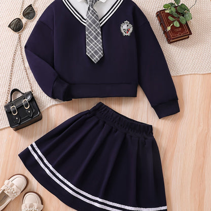 Young girl's campus style two-piece set: Short loose sweatshirt jacket + striped pleated skirt with tie.