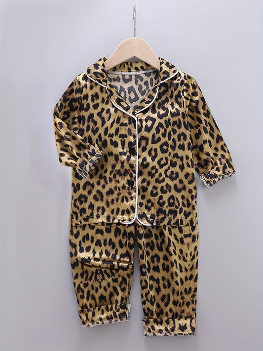 Comfortable leopard print pajamas with front buttons, long sleeves, elastic waistband, and long pants for home wear.