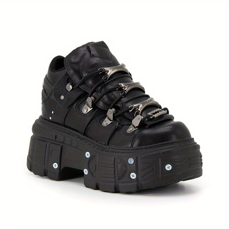 Women's gothic black high-top sneakers with platform heel, round toe, lace-up closure, non-slip sole, metal decoration, and thick high heel sole.