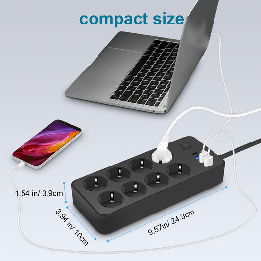 1pc Surge Protector Power Strip with 6 AC Outlets, 3 USB Ports (1 USB-C), and 182.88cm Extension Cord. Wall-mountable and suitable for Home Office Dorm Essentials.