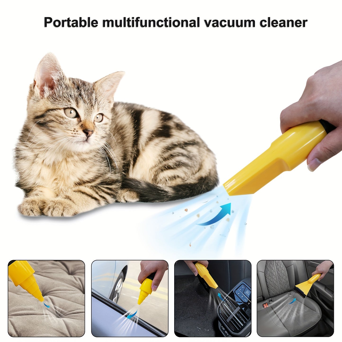 Car vacuum cleaner with suction and blowing capabilities for interior cleaning, mounted on vehicle.